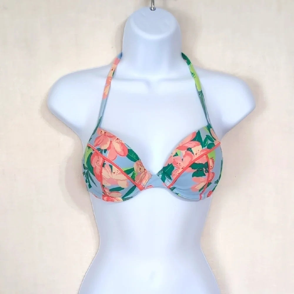 Aerie Light Blue Floral Padded Underwire String Bikini Top Size 34B